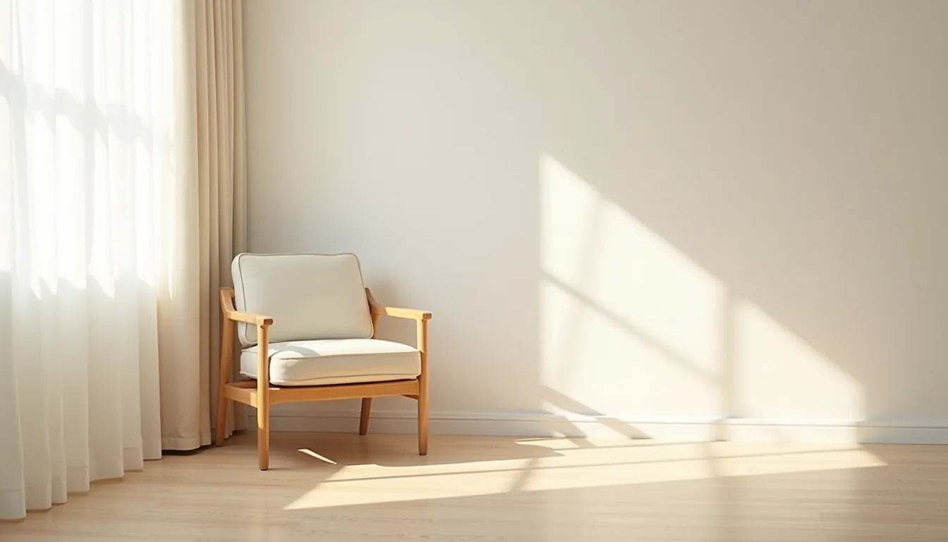 Modern curved armchair angled in a bright corner with its frame shadow sharply defined on the wall.