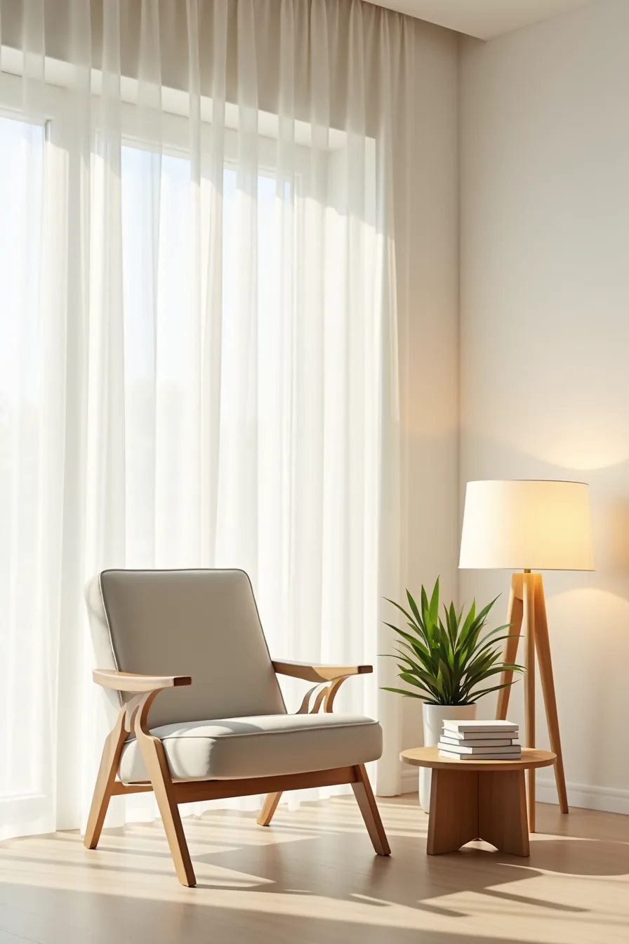 Curved armchair in profile next to an angular side table and potted plant highlighting the chair's organic shape.