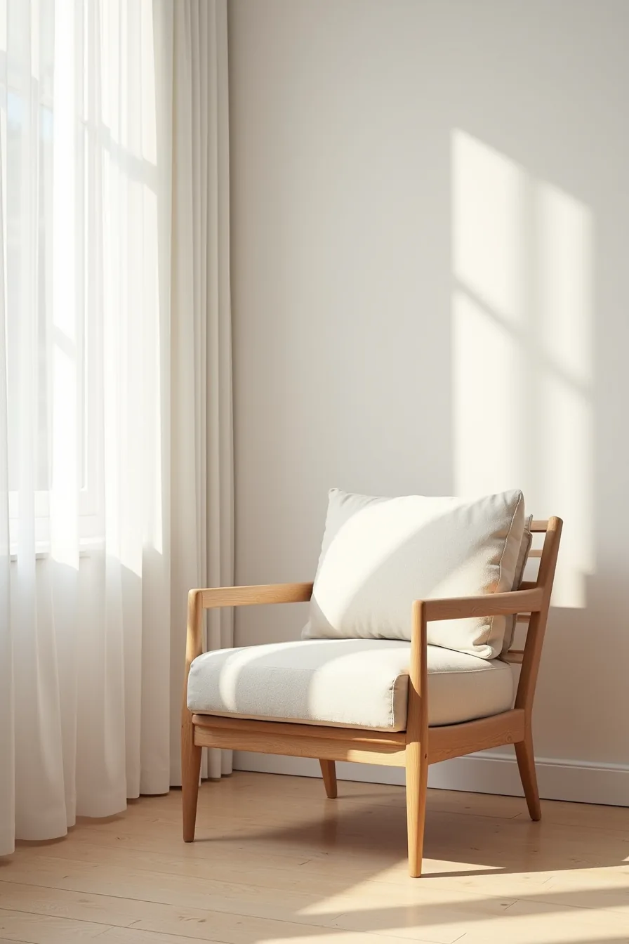 Modern armchair with visible natural wood frame, minimal cushioning, and wooden armrests photographed from the front-left.