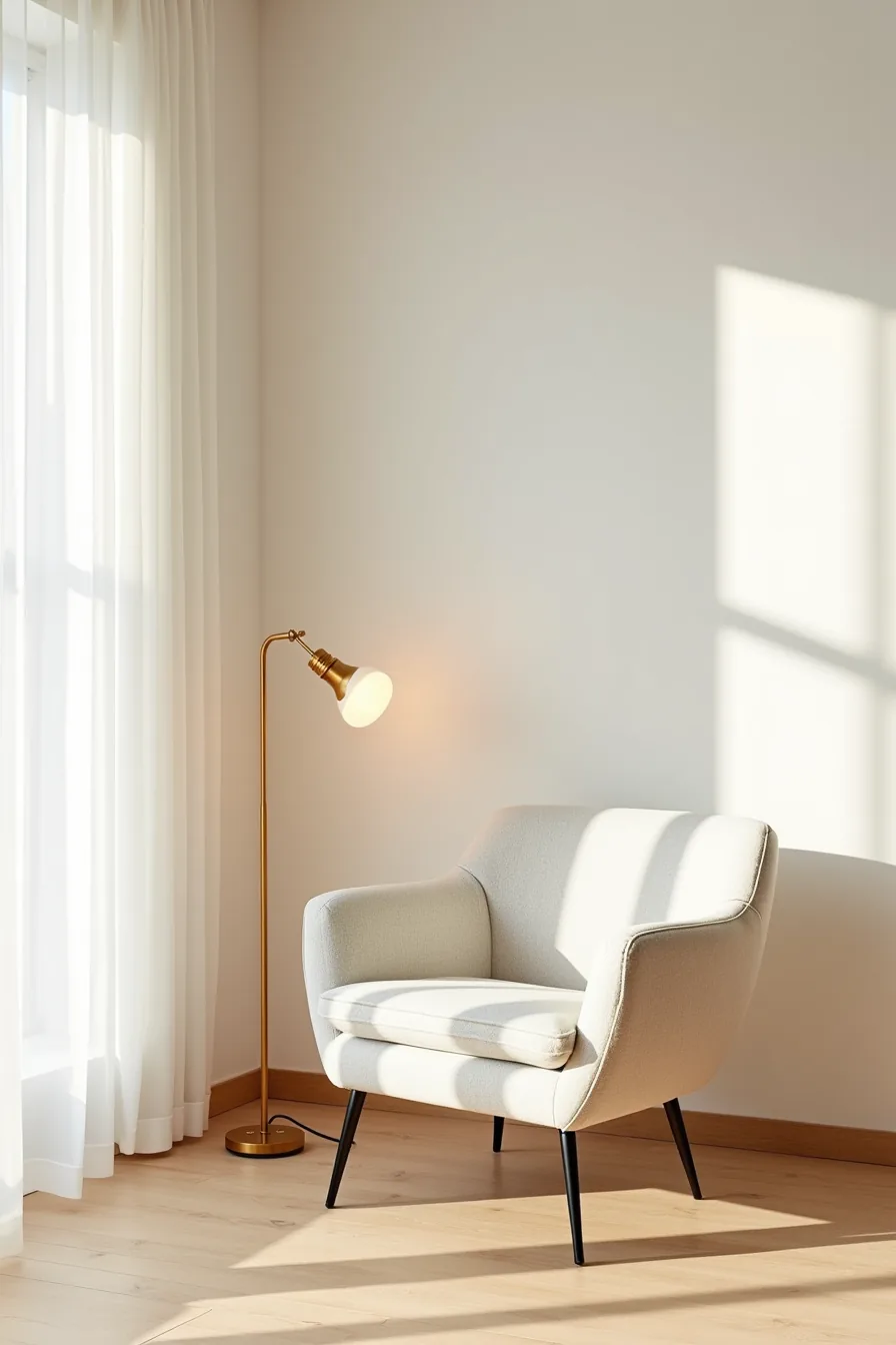 Modern armchair with solid upholstery, simple geometric design, and metal legs lit by natural light.