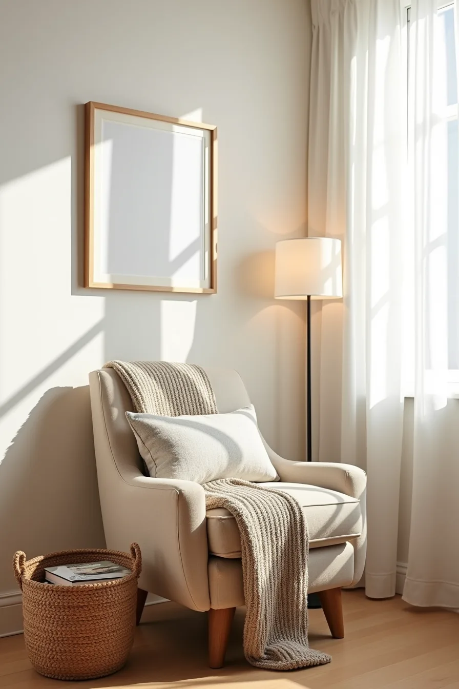 Modern armchair dressed with a textured throw, patterned lumbar pillow, and woven basket beside it, shot from three-quarter