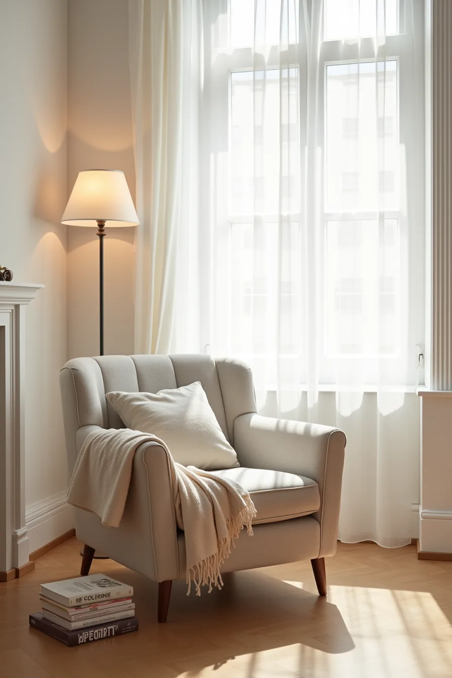 Modern armchair against a wall styled with a draped throw blanket and decorative pillow on the seat.