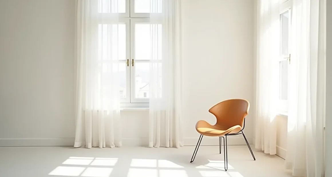 Angular chair with metal legs in white room corner viewed from above.
