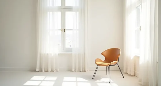 Angular chair with metal legs in white room corner viewed from above.