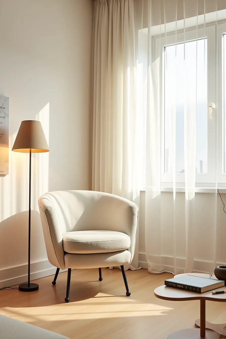 Cream curved lounge chair with steel legs on light wood flooring viewed from seated level.