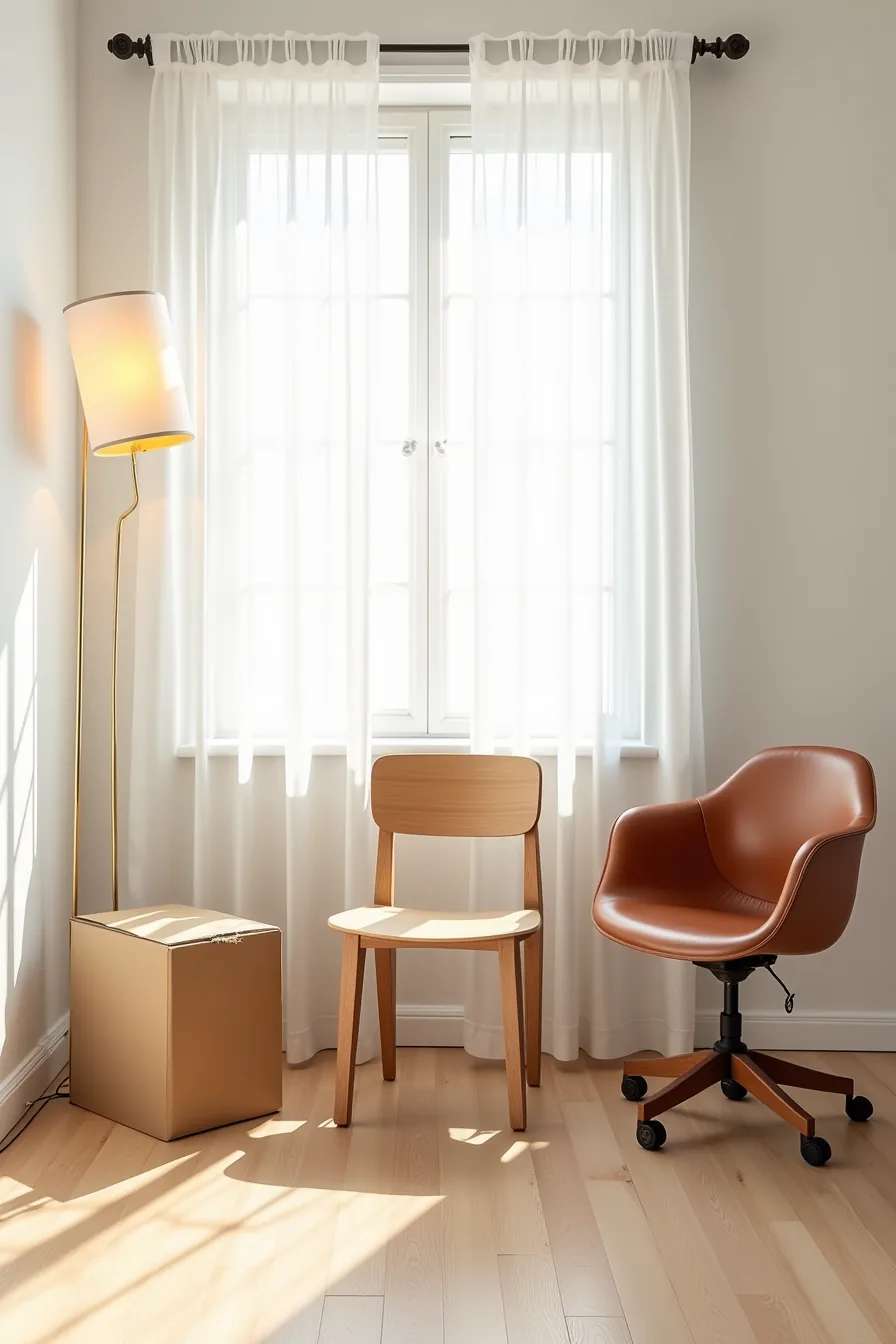 Three chairs in a row showing flatpack, swivel, and leather options from above.