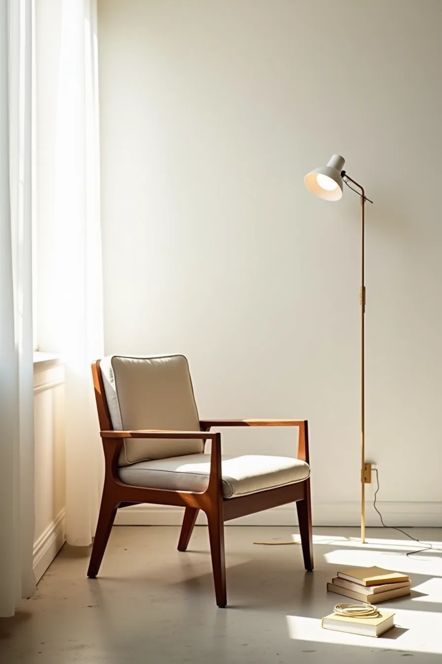 Dark wood geometric chair with measuring tape on concrete floor in studio corner.