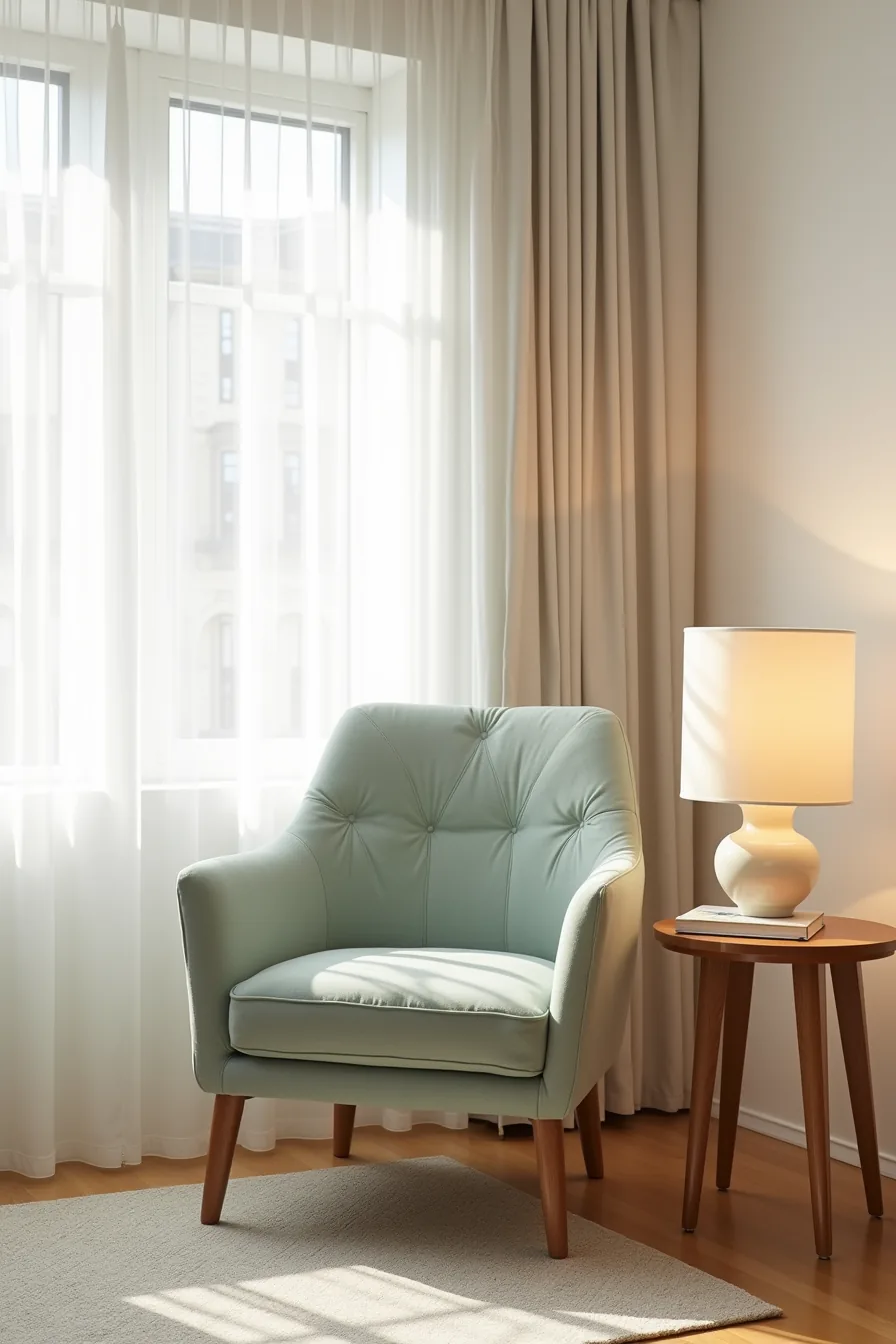 Sage upholstered modern chair next to traditional side table on patterned rug.