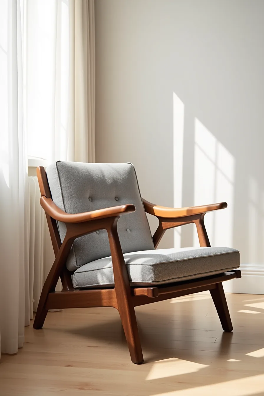 Walnut chair with gray wool seat, leather armrests, and metal brackets in natural light.