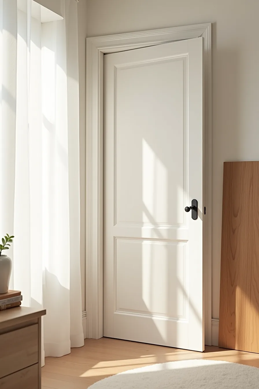 Peel-and-stick cabinet film with visible seam sits beside temporary hardware, a stock door, and a custom cabinet showing