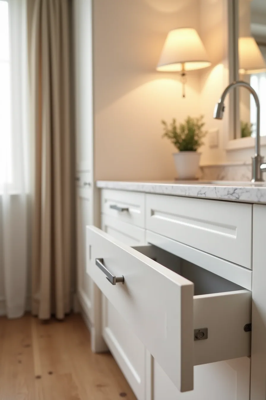 A matte drawer being pulled open reveals a finger grip indent, with traditional bar hardware and marble countertop visible