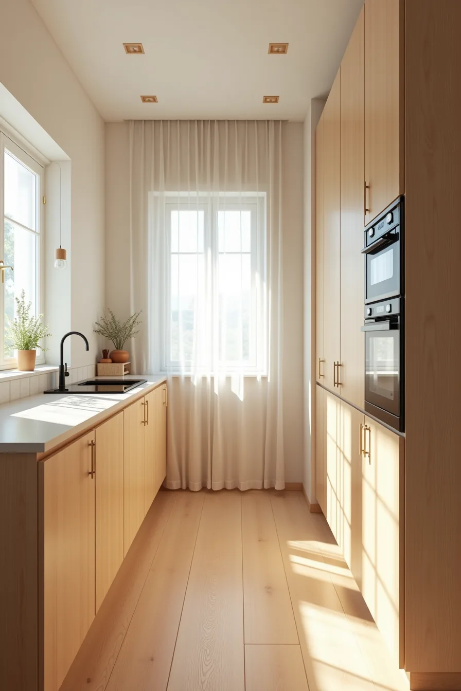 A narrow galley kitchen features compact proportional cabinets, a full-depth countertop, and tight vertical spacing between