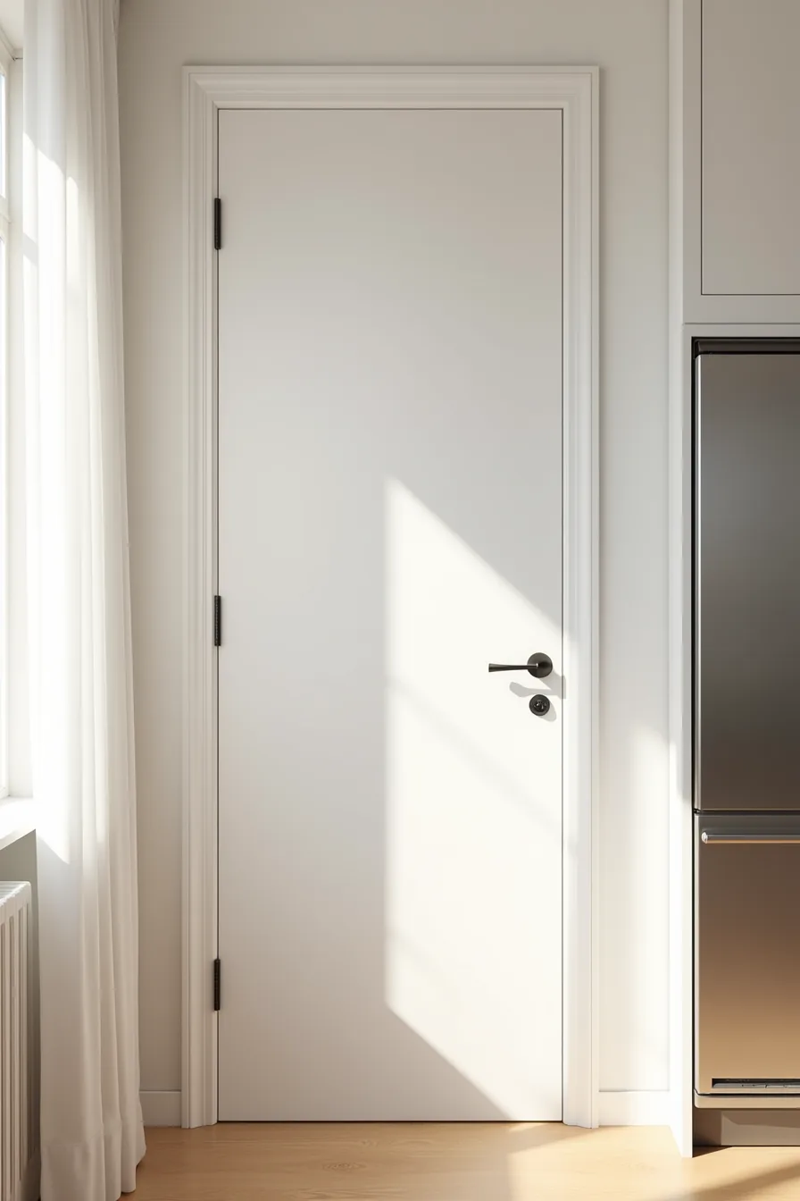 A tall lacquered white flat-panel cabinet door displays its smooth finish next to a stainless steel appliance edge.