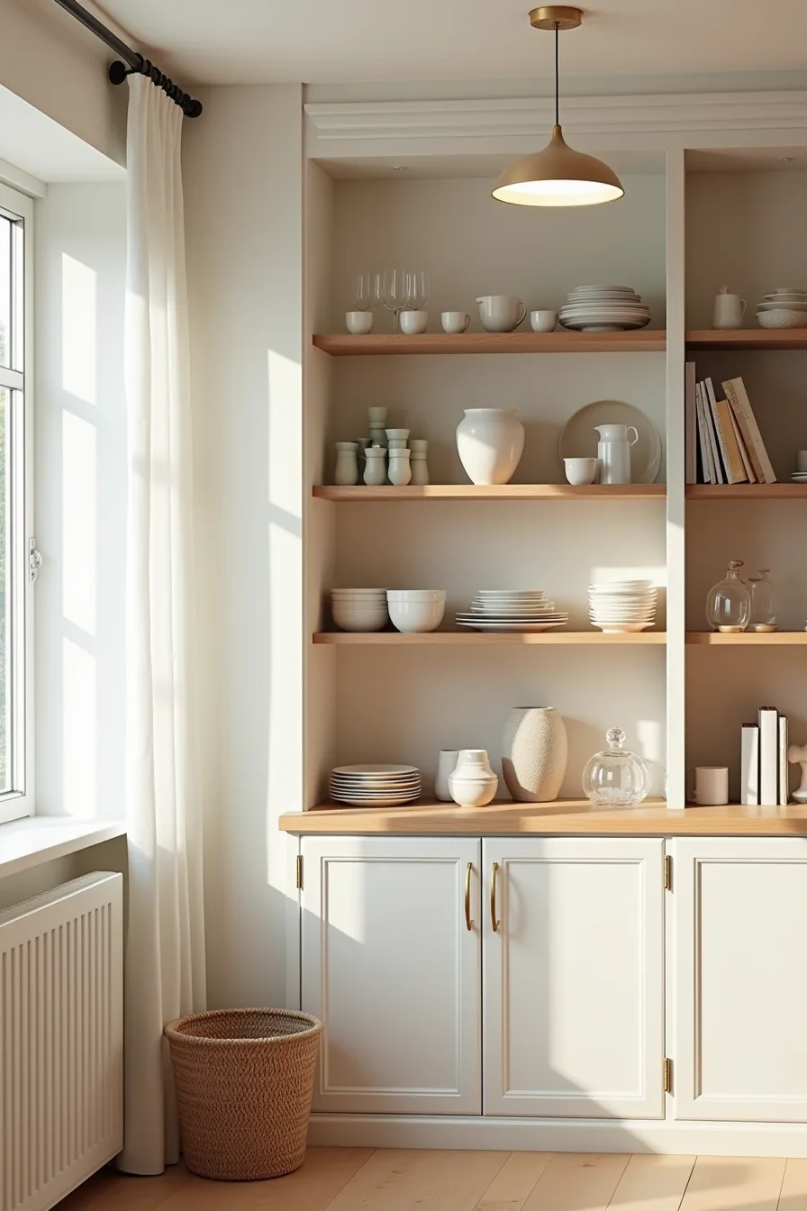 Open shelves display stacked ceramics and glassware above a woven basket, lit by warm pendant light with closed cabinets