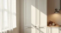 Two matte cabinet doors shown side by side—one with a recessed handle and one with push-to-open mechanism—on a kitchen