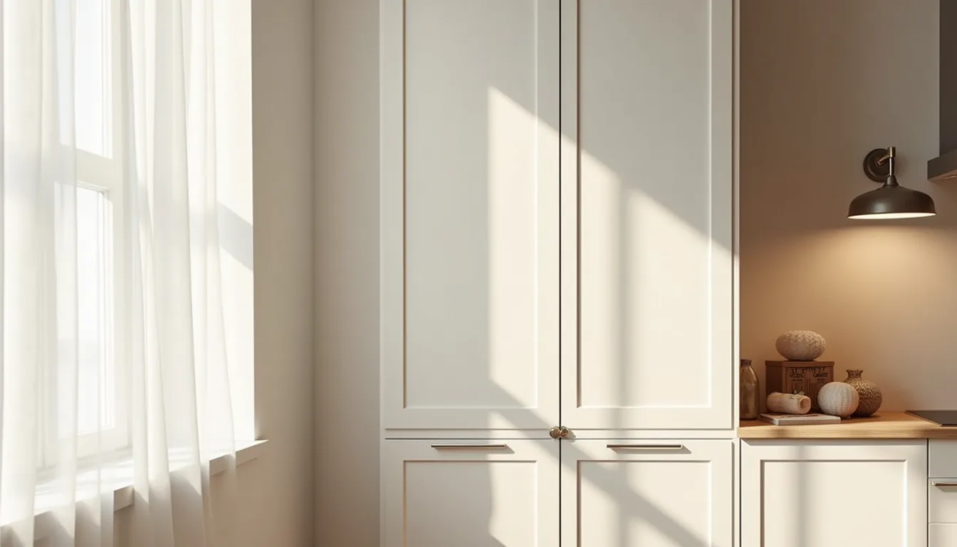 Two matte cabinet doors shown side by side—one with a recessed handle and one with push-to-open mechanism—on a kitchen