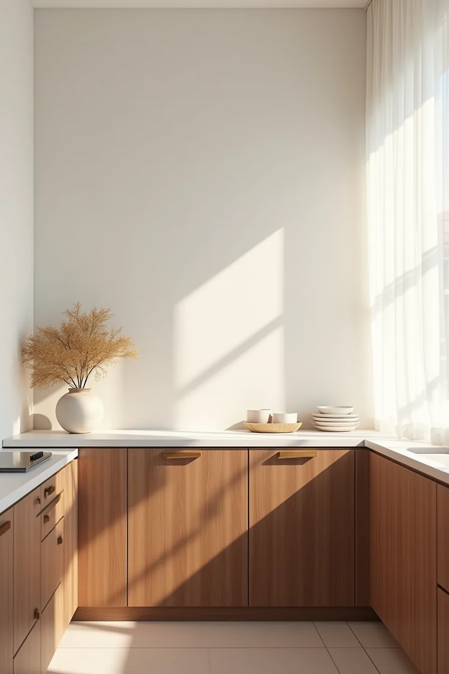 Walnut cabinet doors with prominent vertical grain stand beside a white countertop, with a potted plant adding warmth to the