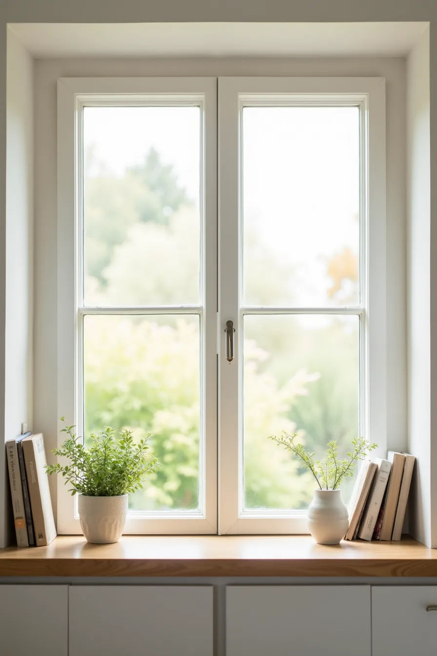 Unadorned kitchen window with slim frames, a potted herb plant on the sill, and garden view beyond, against plain white