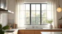 Large horizontal kitchen window with black aluminum grid frames, stainless steel counter, and white subway tile backsplash