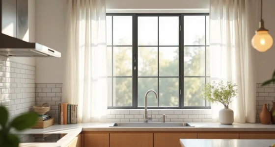 Large horizontal kitchen window with black aluminum grid frames, stainless steel counter, and white subway tile backsplash