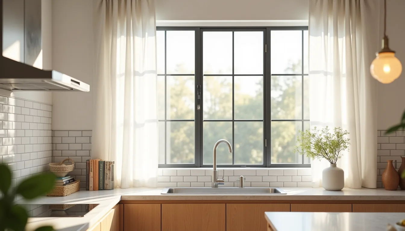 Large horizontal kitchen window with black aluminum grid frames, stainless steel counter, and white subway tile backsplash