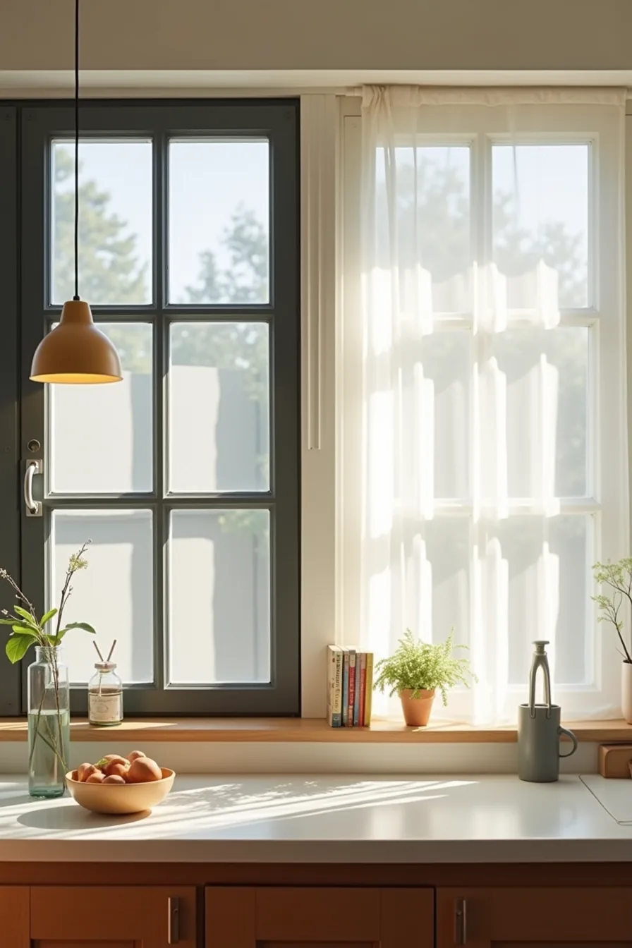 Side-by-side comparison of matte black and silver aluminum window frames above a kitchen counter, showing different shadow