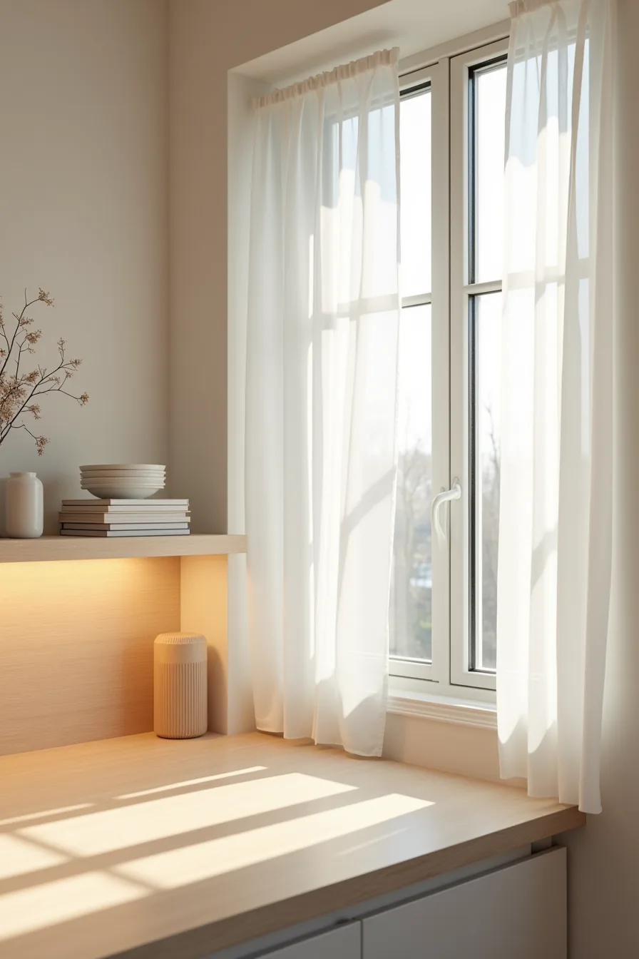 Kitchen window corner with light wood countertop and matching backsplash panel meeting seamlessly at matte black frame.