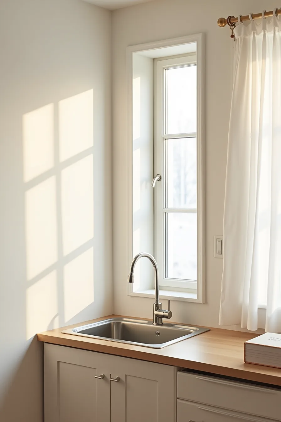 Tall narrow kitchen window with white frames above a stainless steel sink, flanked by minimal cabinetry in a compact space.