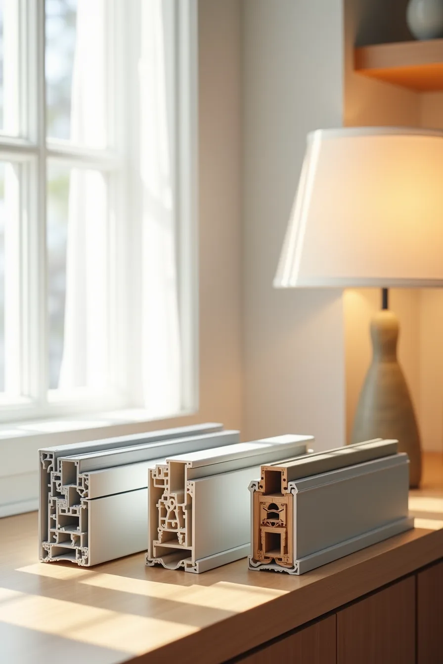 Three window frame material samples—polished aluminum, matte fiberglass, and wood-grain composite—displayed on a counter
