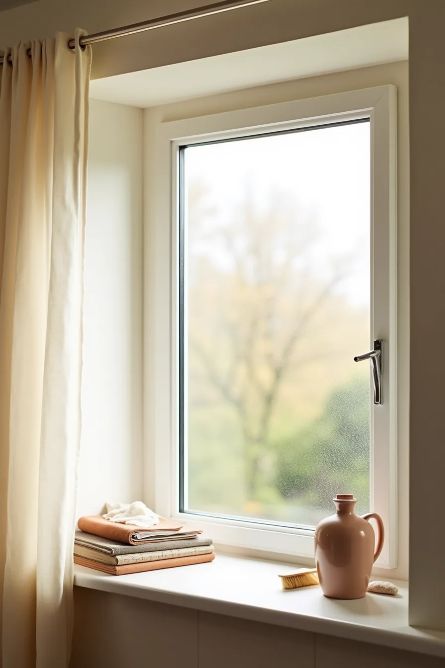 Window sill inspection showing silicone caulk, condensation beads, cleaning cloth, brush, and weatherstripping along the