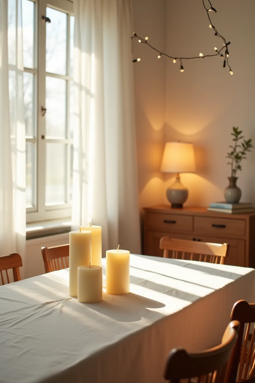 Dining table centerpiece with clustered pillar candles, overhead string lights, and a warm table lamp at dusk.