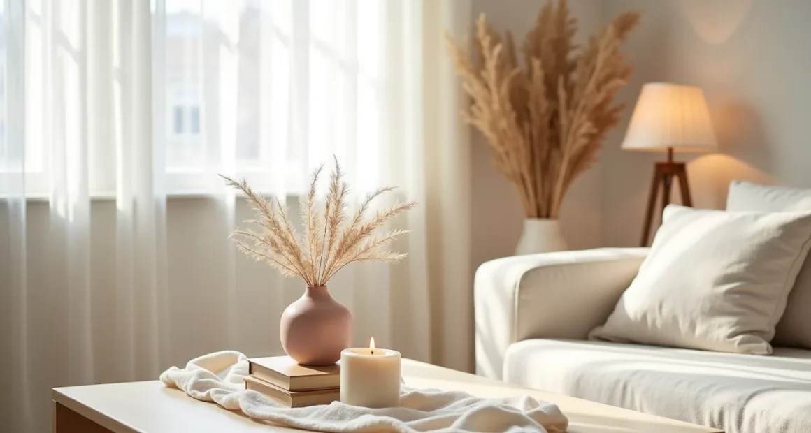 A coffee table styled with cream linen, a blush ceramic vessel, ivory candle, and dried pampas grass in natural overhead