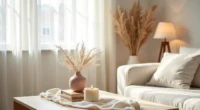 A coffee table styled with cream linen, a blush ceramic vessel, ivory candle, and dried pampas grass in natural overhead