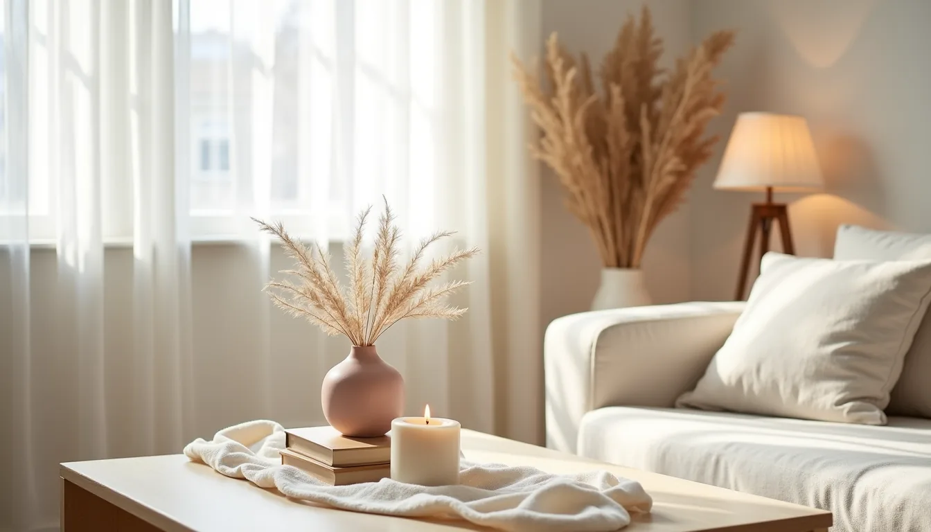 A coffee table styled with cream linen, a blush ceramic vessel, ivory candle, and dried pampas grass in natural overhead