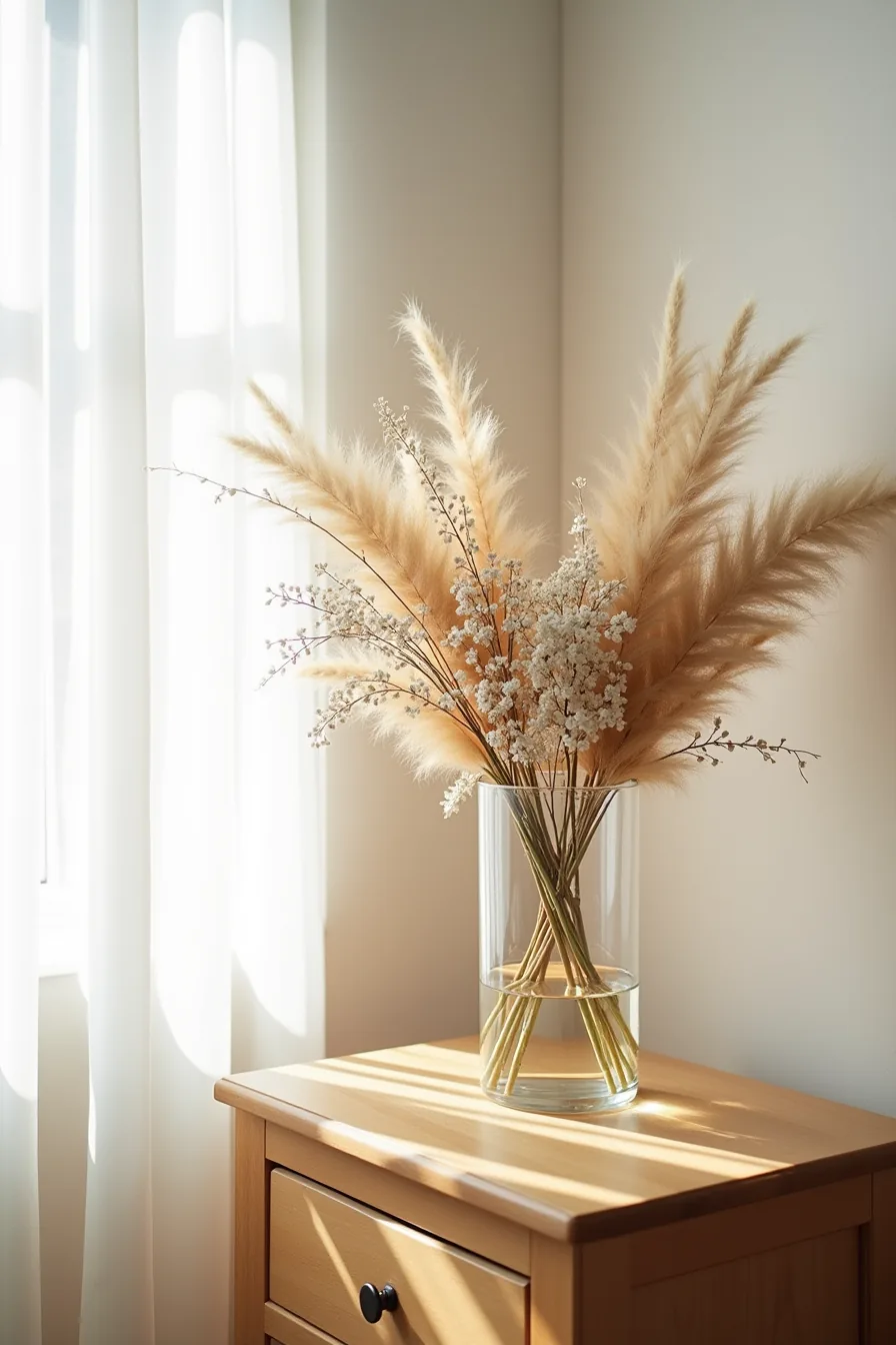 Clear glass vase on a wooden table holding dried eucalyptus, pampas grass, and baby's breath with side window lighting.