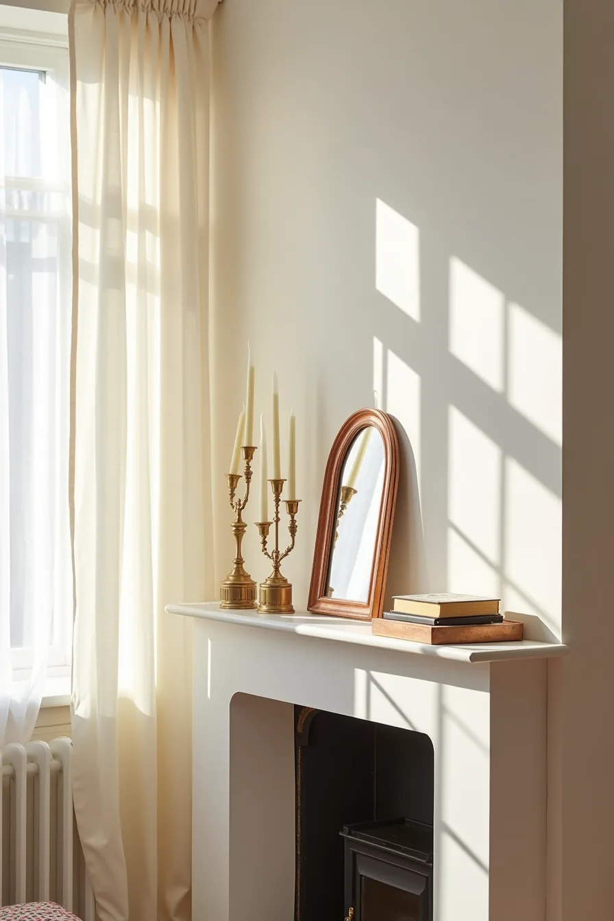 Fireplace mantel displaying gold candlestick holders, a copper-framed mirror, and a silver tray with decorative items.