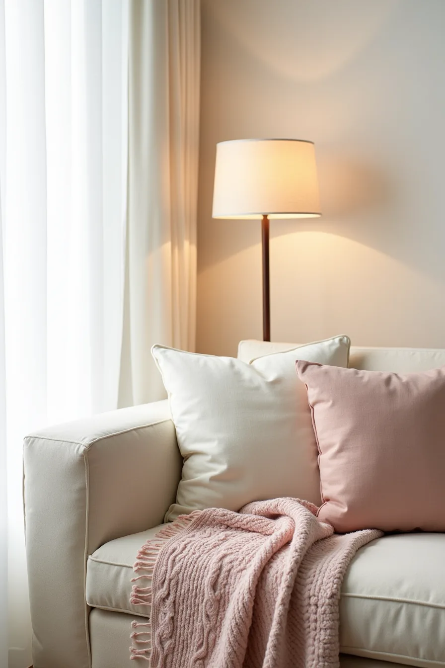 Sofa corner layered with cream, white, and blush throw blankets and matching decorative pillows arranged on cushions.