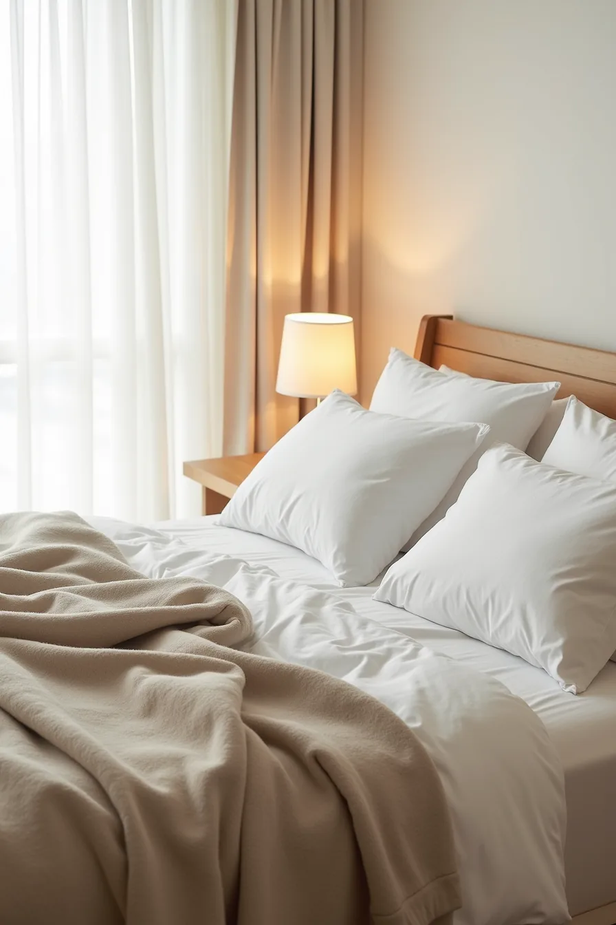 Bed layered with linen sheets, a wool throw blanket, and cotton quilt showing fabric textures and neutral tones from above.