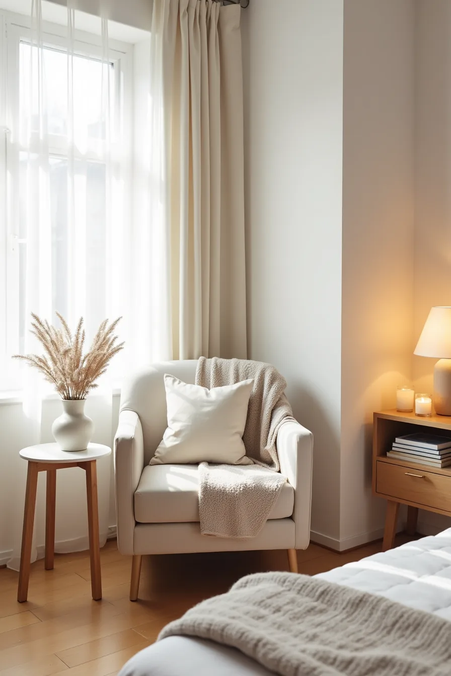 Studio apartment corner featuring a side table with dried arrangement, a chair with layered throw, and candles on a shelf.