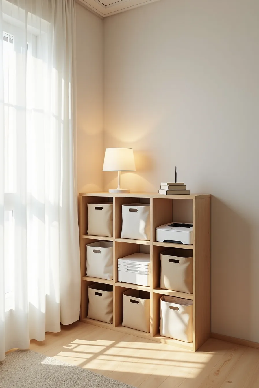 Nine-compartment cube shelving unit contains fabric storage bins, a printer, and a router in various compartments.