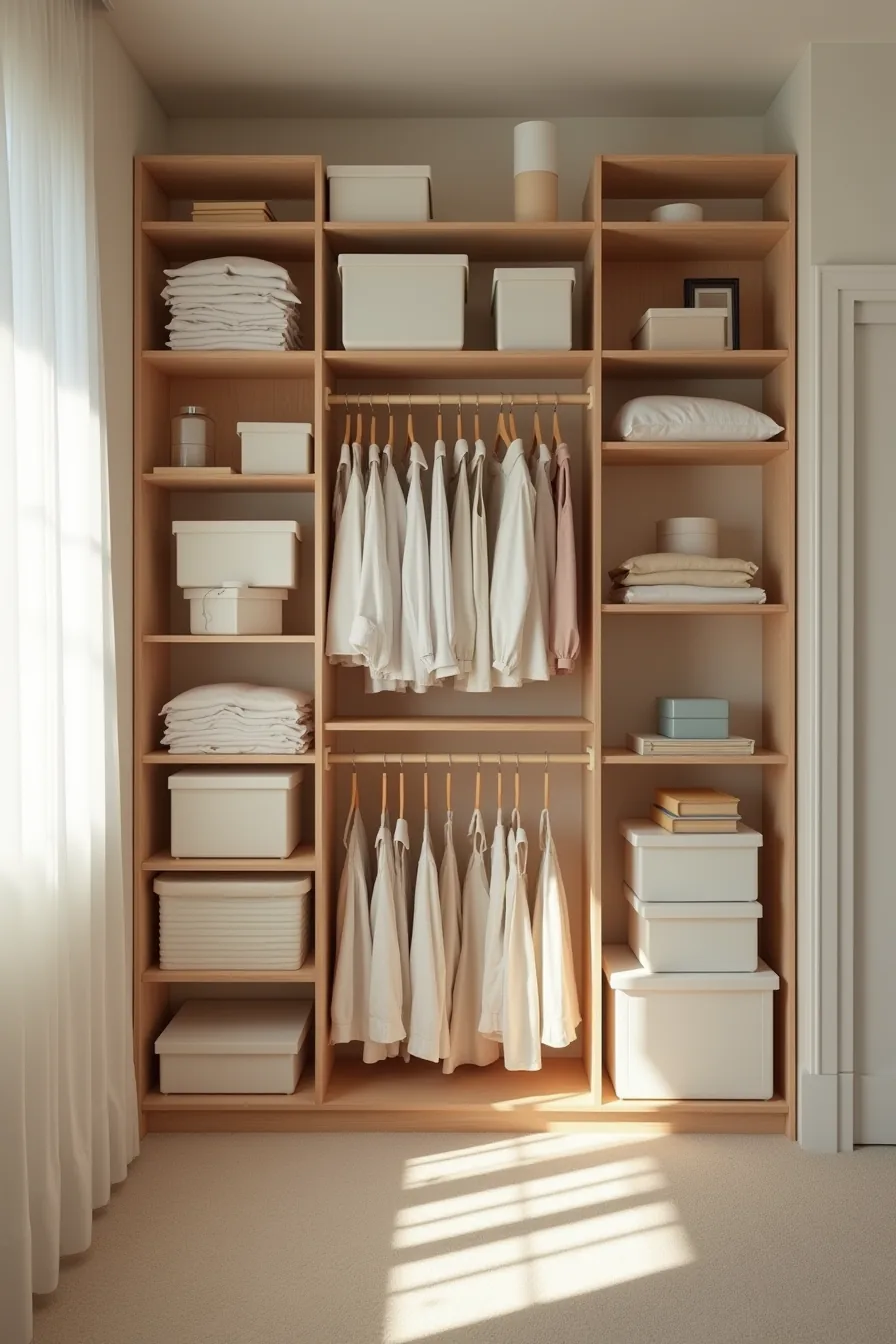 Disorganized closet displays unevenly stacked opaque boxes, a blocked hanging rod, items against a vent, and sagging shelves.