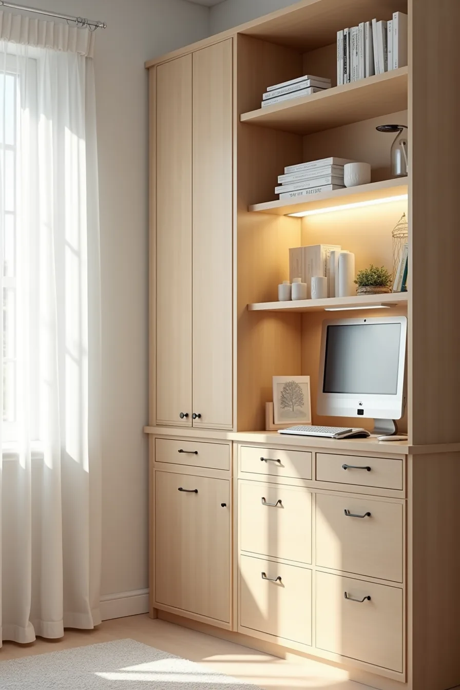 Fitted cabinet system combines stacked drawers of different depths with upper doors and lower open shelving for office