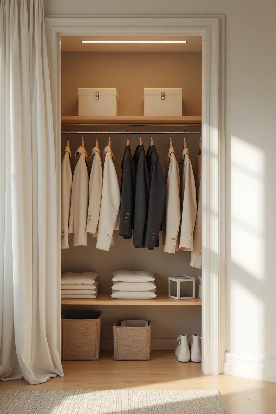 Closet features hanging blazers and shirts below a rod, file boxes on upper shelves, and storage baskets on lower shelves.