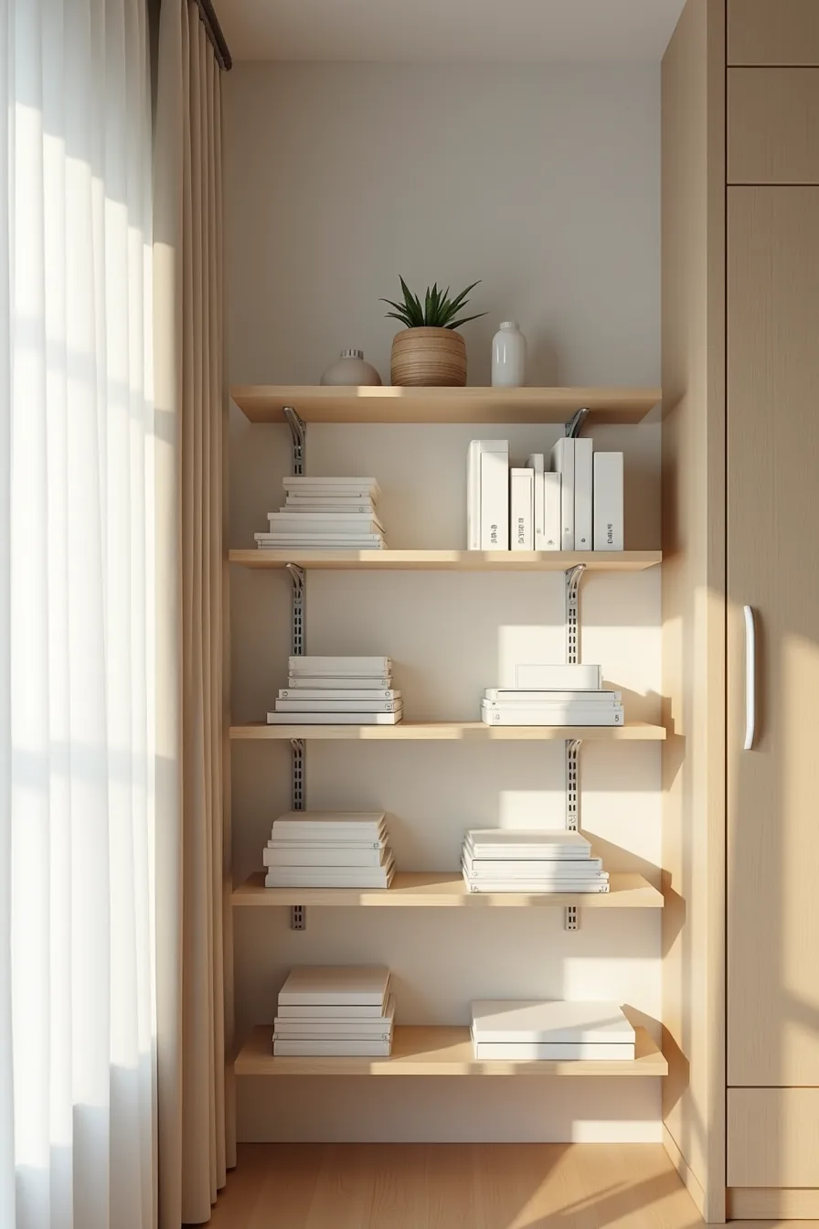 Metal bracket shelving mounted on closet wall displays stacked binders, document trays, and office supplies from floor to