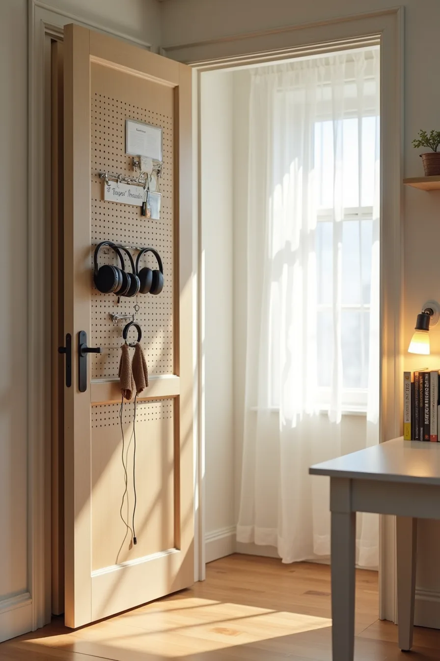Over-door organizer, pegboard with metal hooks for headphones and cables, and wall-mounted wire basket organize closet