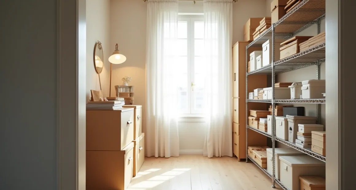 Floor-to-ceiling wire shelving on both closet walls holds stacked file boxes, clear supply containers, and rolled documents.