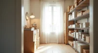 Floor-to-ceiling wire shelving on both closet walls holds stacked file boxes, clear supply containers, and rolled documents.