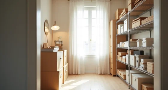 Floor-to-ceiling wire shelving on both closet walls holds stacked file boxes, clear supply containers, and rolled documents.