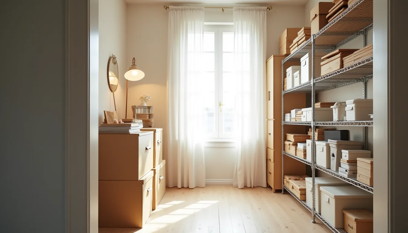 Floor-to-ceiling wire shelving on both closet walls holds stacked file boxes, clear supply containers, and rolled documents.