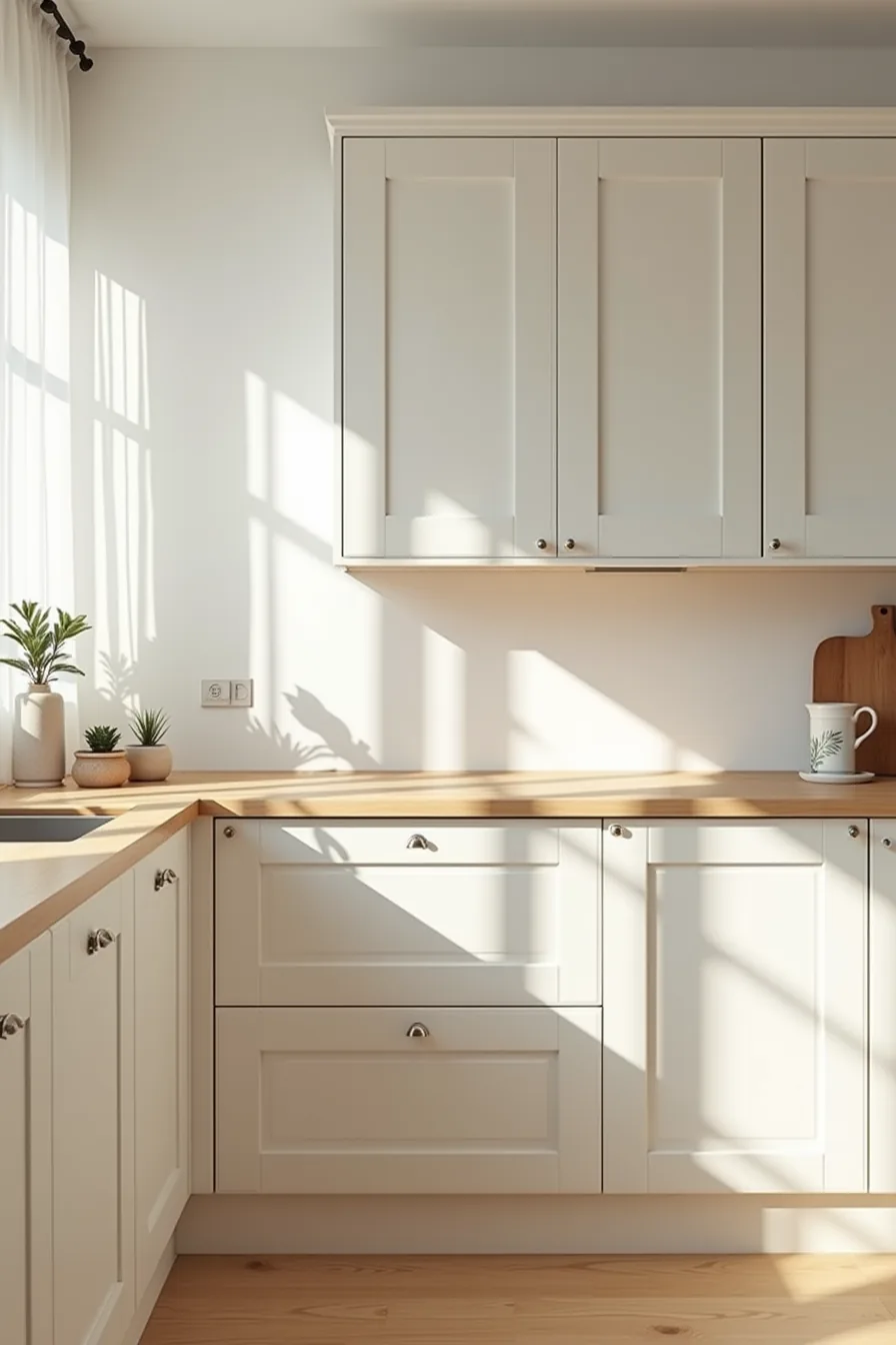 Three adjacent cabinets display different makeover stages: one with fresh paint, one with new hardware, and one with